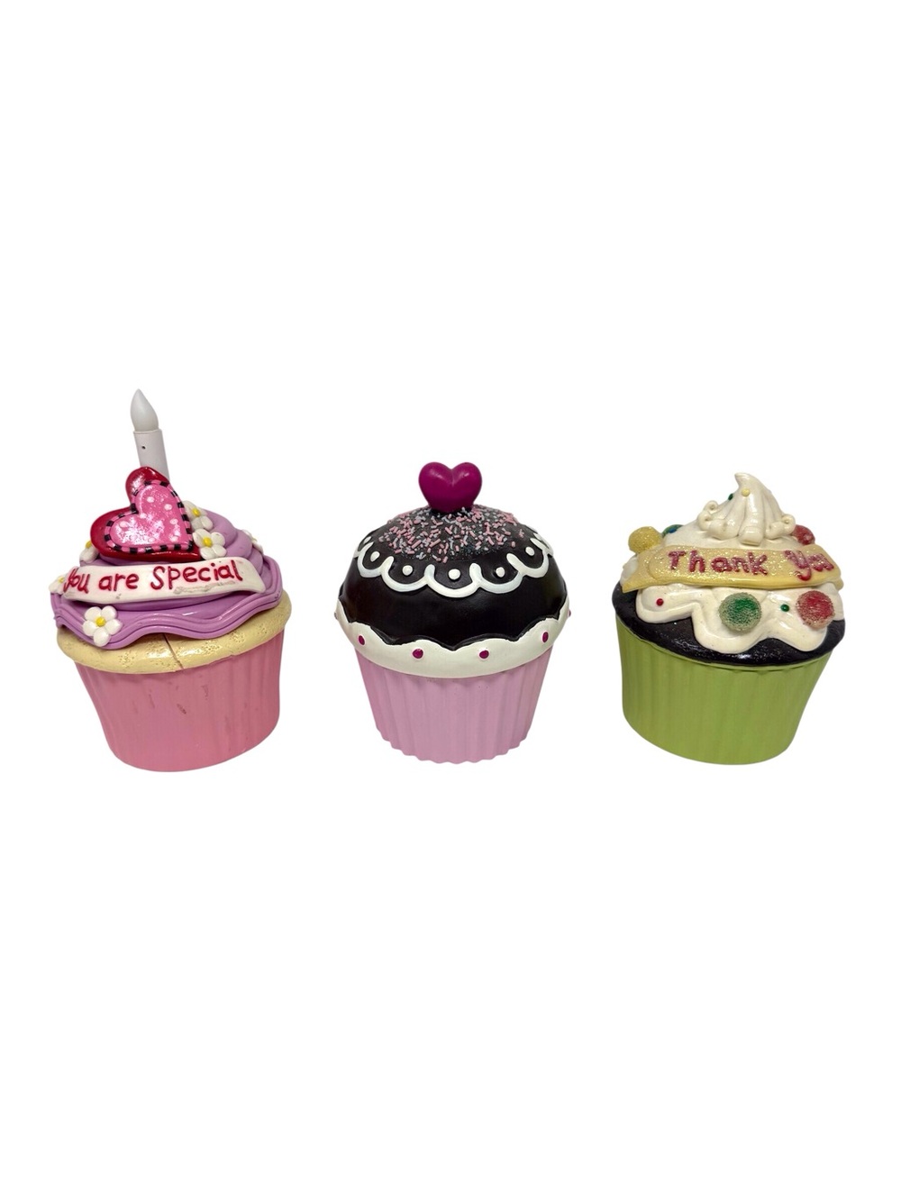 Decorative Pink and Green ceramic Cupcake trinket boxes and candle Set of three